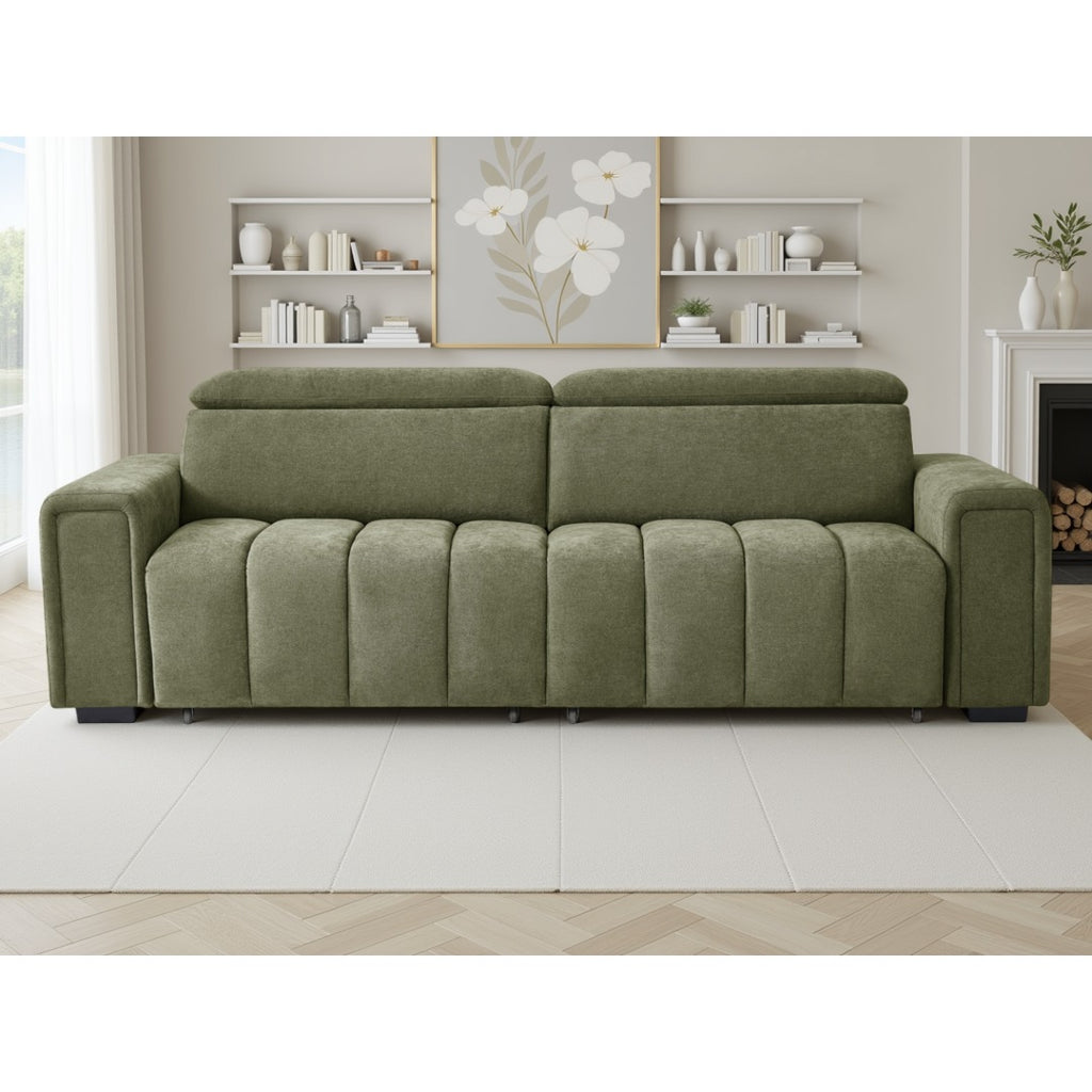 Front view of the green Verona electric sofa bed with channel-tufted seats and back