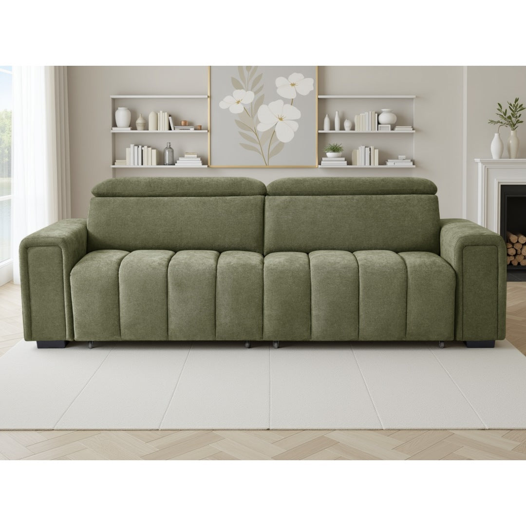 Front view of the green Verona electric sofa bed with channel-tufted seats and back
