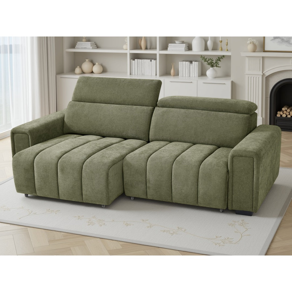 Green Verona sofa bed with headrest raised and power sliding seat extended into a recliner