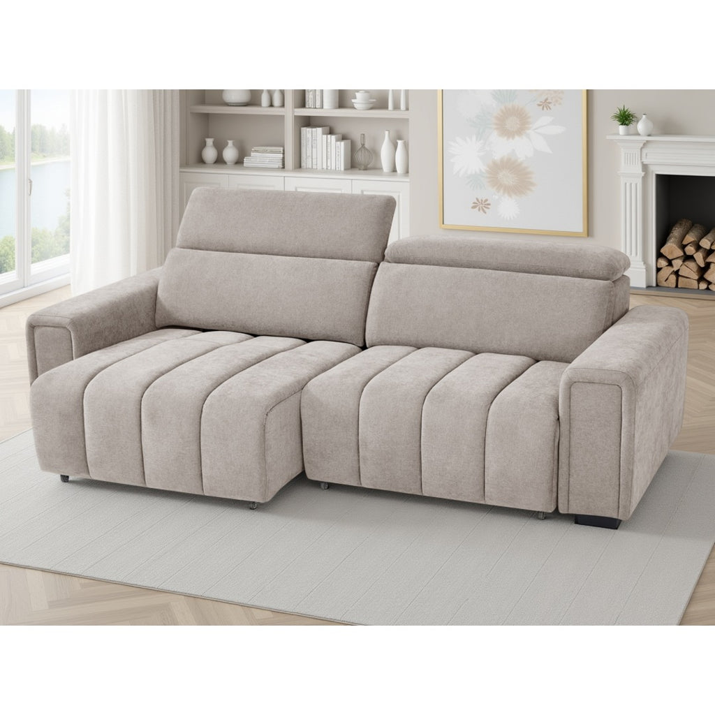 Verona sofa bed in beige with adjustable headrest raised and power seat extended