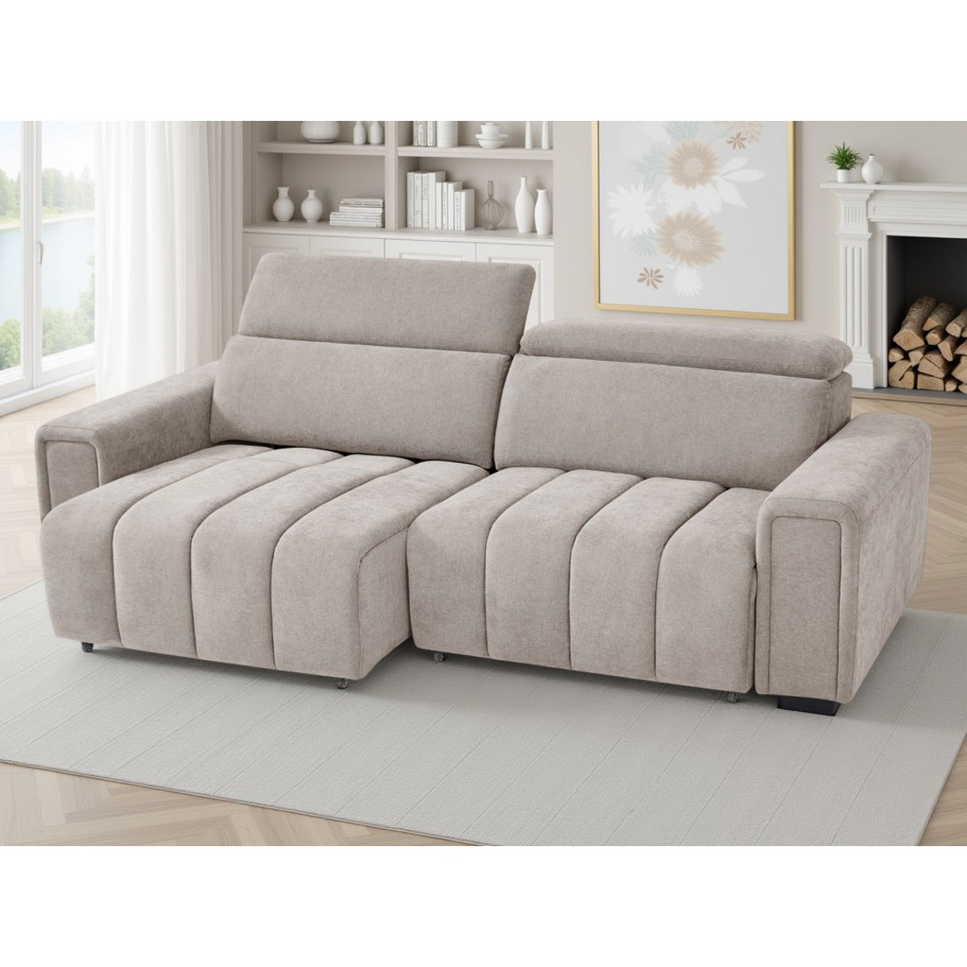 Verona sofa bed in beige with adjustable headrest raised and power seat extended