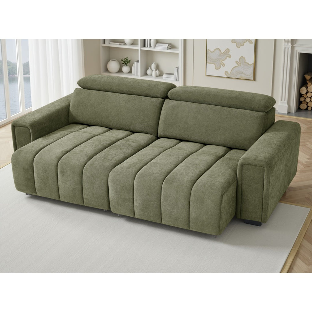 Green Verona electric sofa bed with both seats extended for lounging or as a guest bed